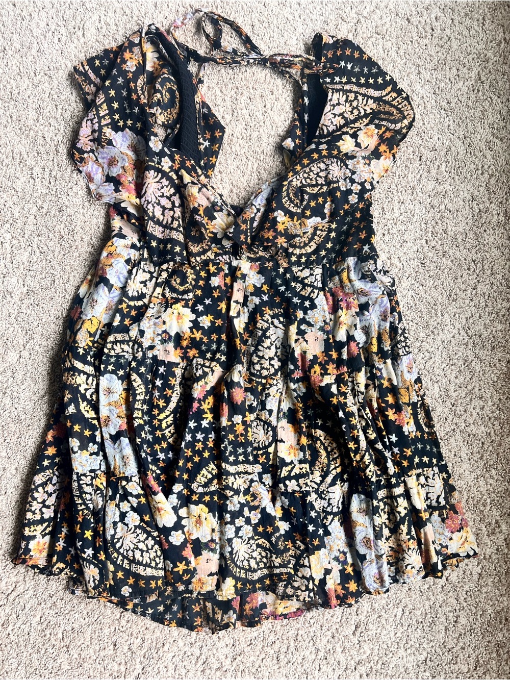 Free People Black Floral Paisley Halter Mini Dress
